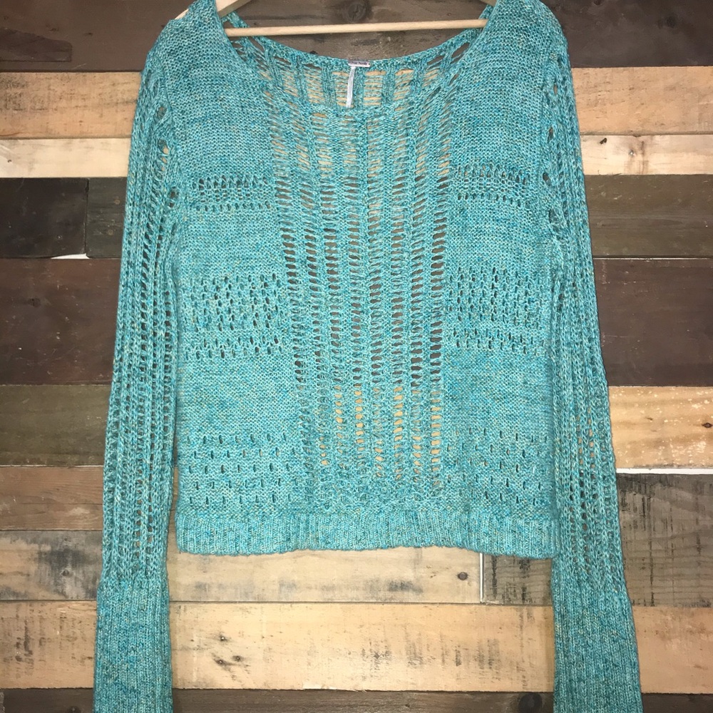 Free People Turquoise Open Knit Crop Sweater - Picture 5 of 7